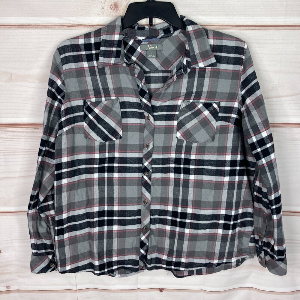 Natural Reflections Top Womens XL Gray Plaid Button Up Shirt Flannel Pockets